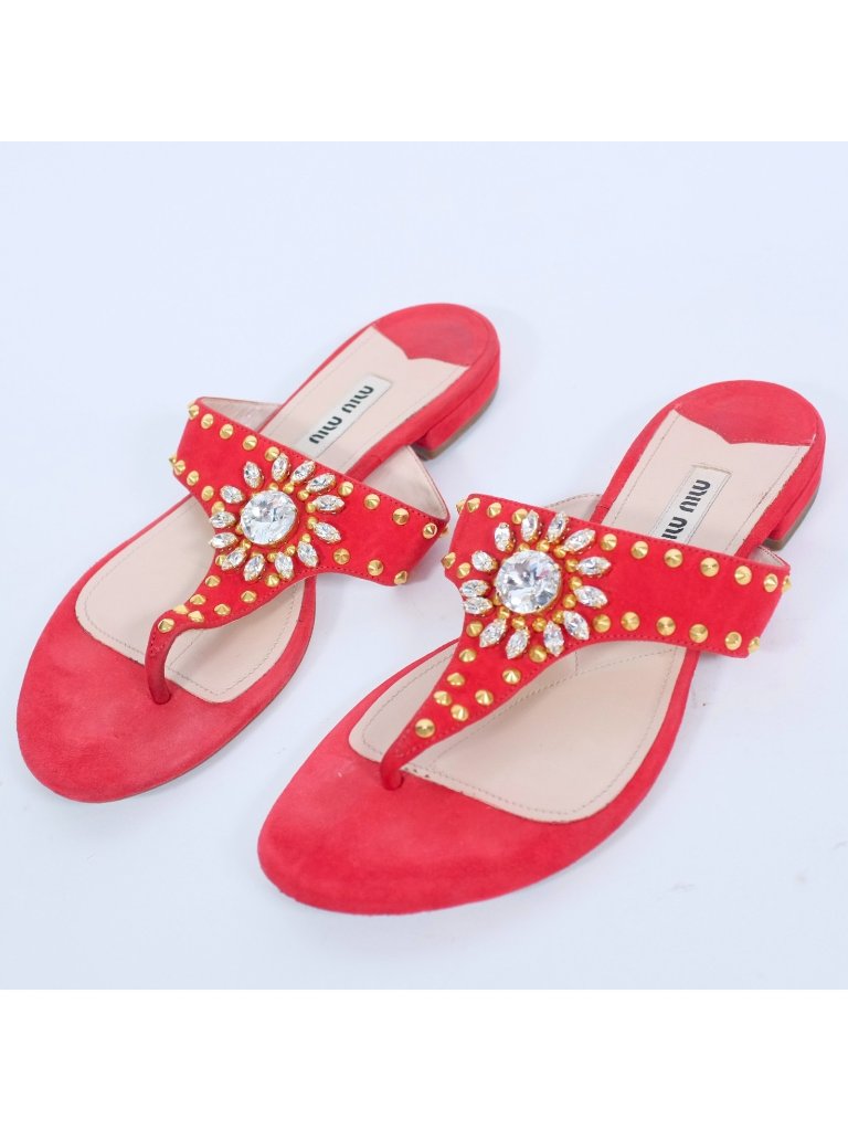 Miu Miu By Prada Thong Sandals Shoes 35 Us 5 Red Suede Crystal Gold Studded
